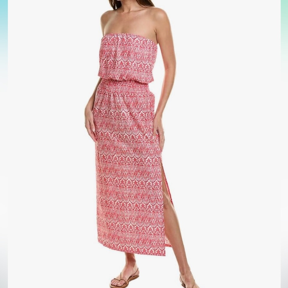 Helen Jon Strapless Blouson Maxi Dress in Pink Geometric Print